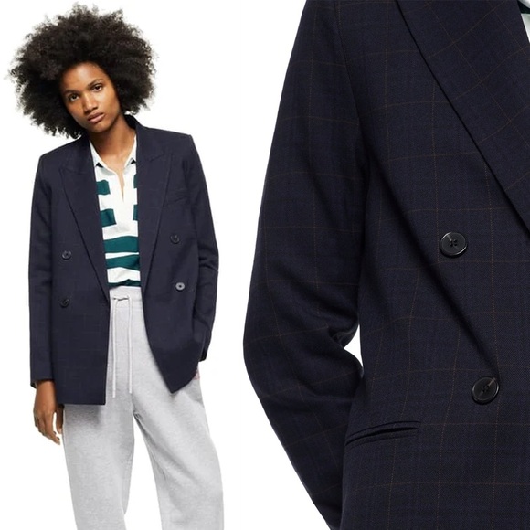 Zara - Double Breasted Windowpane Blazer - Navy - Picture 1 of 12